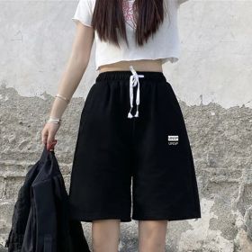 Summer New Loose High Waist Slimming Black Wide-leg Sports Shorts For Women (Option: 016 Black-2XL)